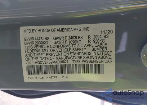 2021 Honda Accord Sport 2.0T from USA, damaged, VIN 1HGCV2F32MA005827